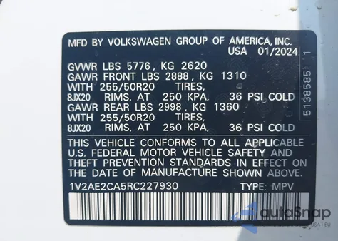 2024 Volkswagen Atlas Cross Sport 2.0T Sel R-Line z USA, uszkodzony, nr VIN 1V2AE2CA5RC227930